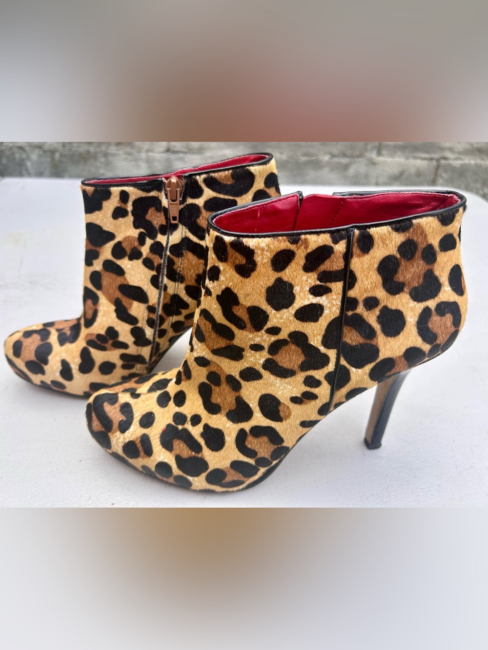NINE WEST Calf Hair Ankle Boots Stiletto Heel Leopard Animal Print Brown Sz 8.5